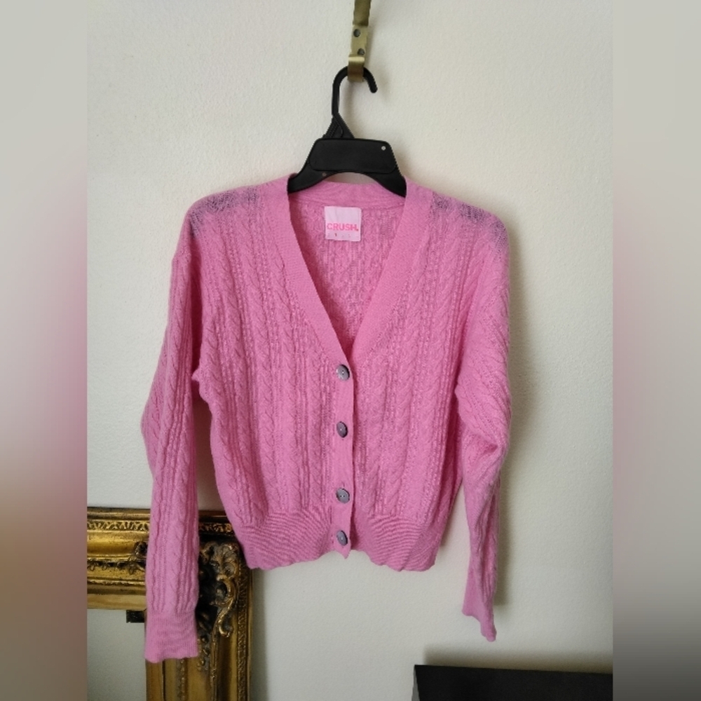 Crush Women's 100% Cashmere Cable Knit Cardigan Colorblock Pink Size S